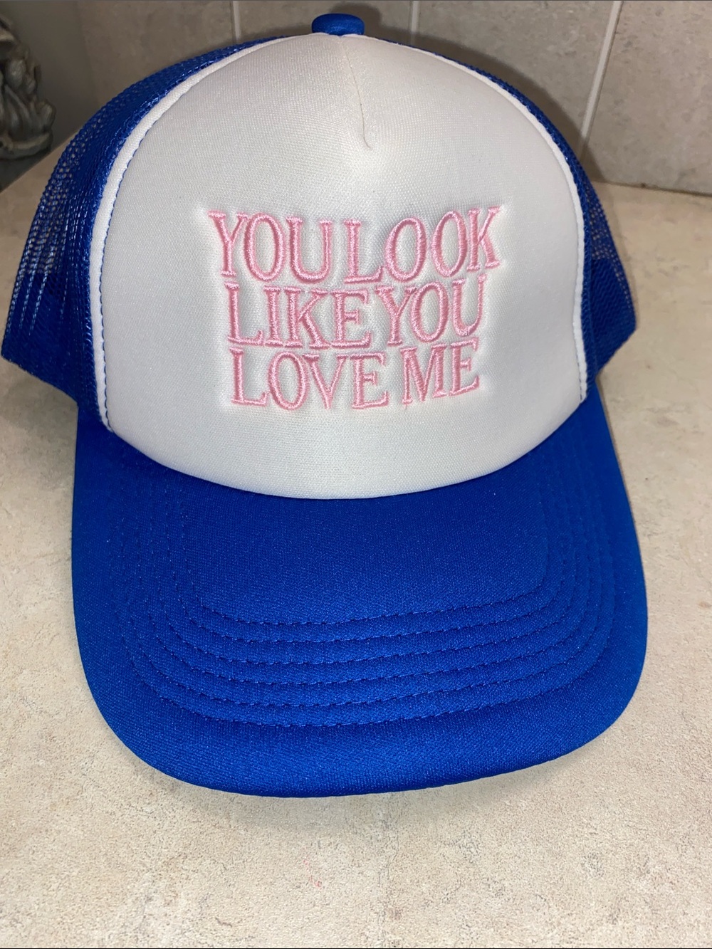 Blue & White Trucker Hat with Pink Embroidered Slogan